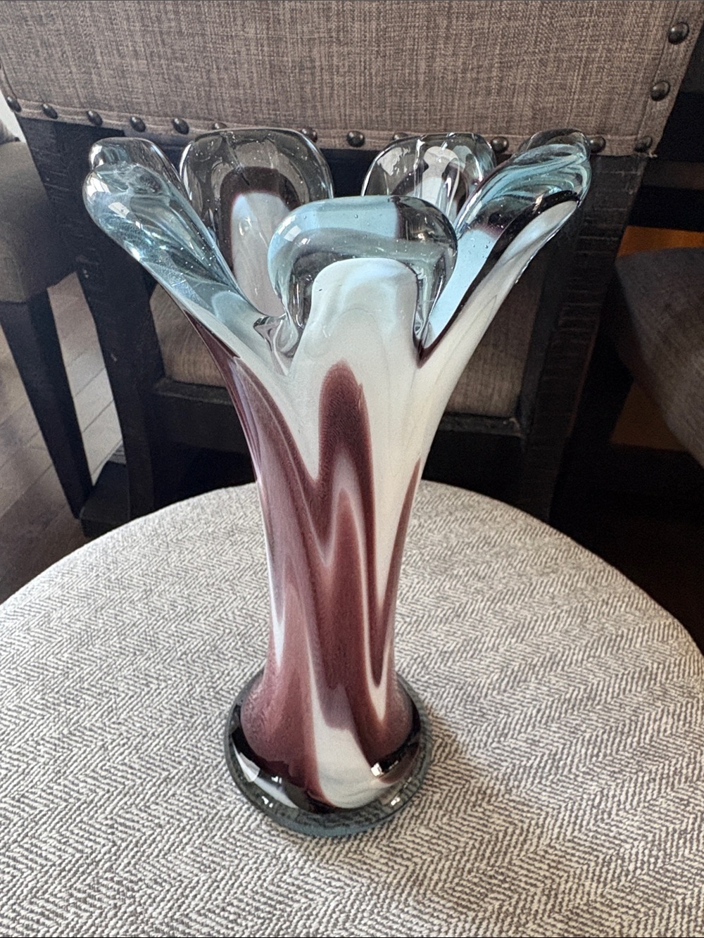 Art Glass Vase in White and Mauve with Clear Rim